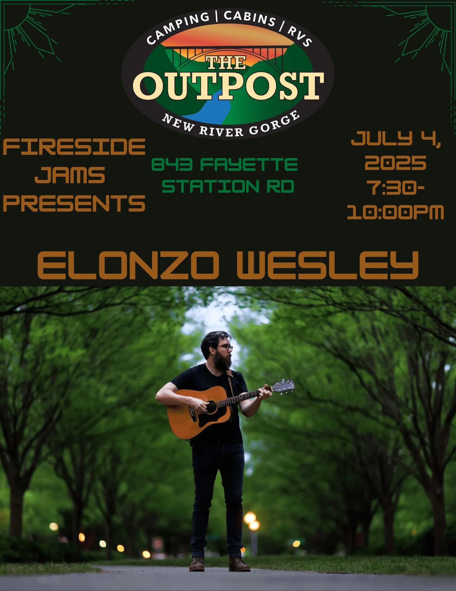 Event poster for FIreside Jam - Elonzo Wesley