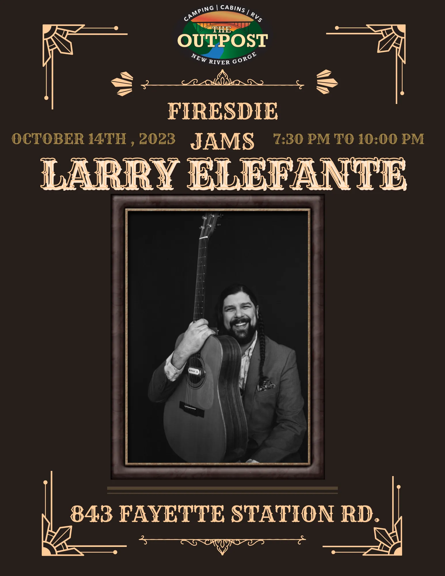 Event poster for Fireside Jam - Larry Elefante