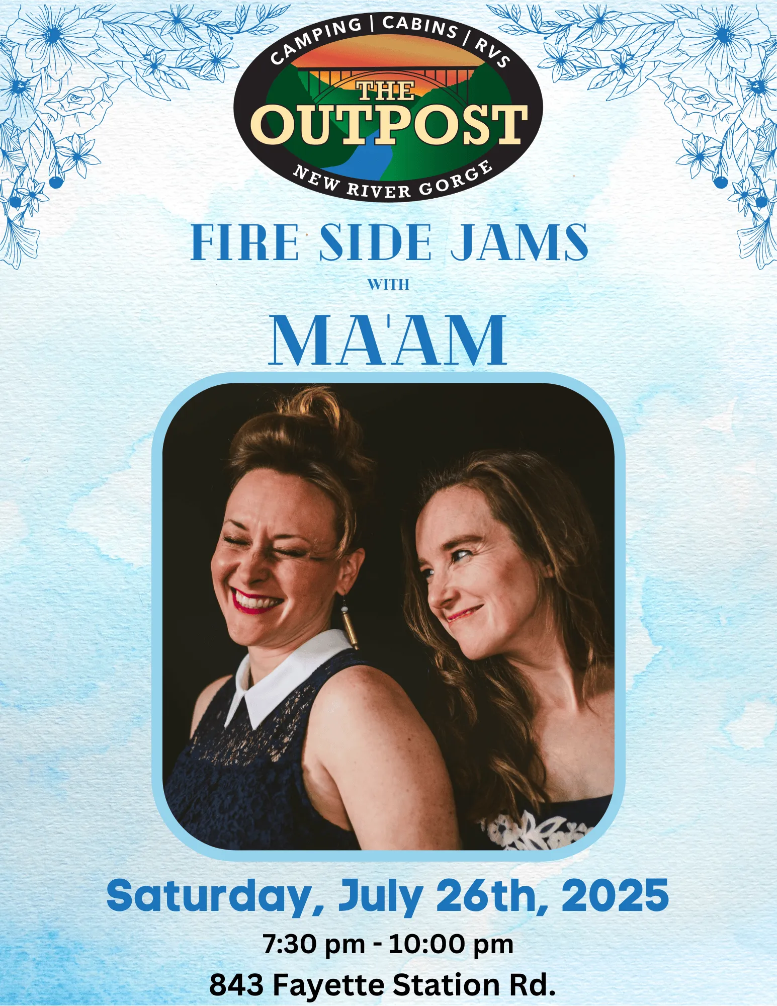 Event poster for FIreside Jam - MA'AM