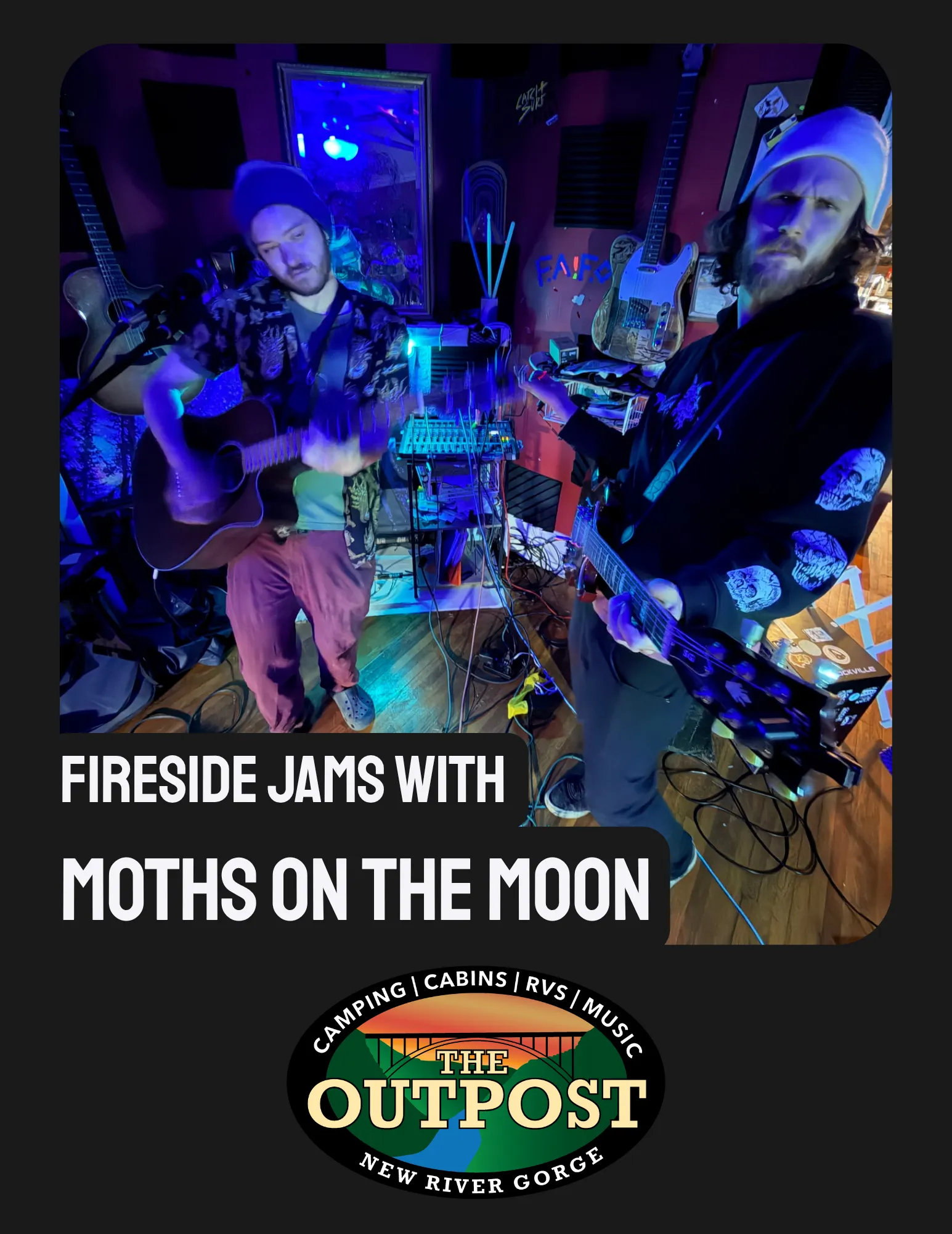 Event poster for Fireside Jam - Moths on the Moon