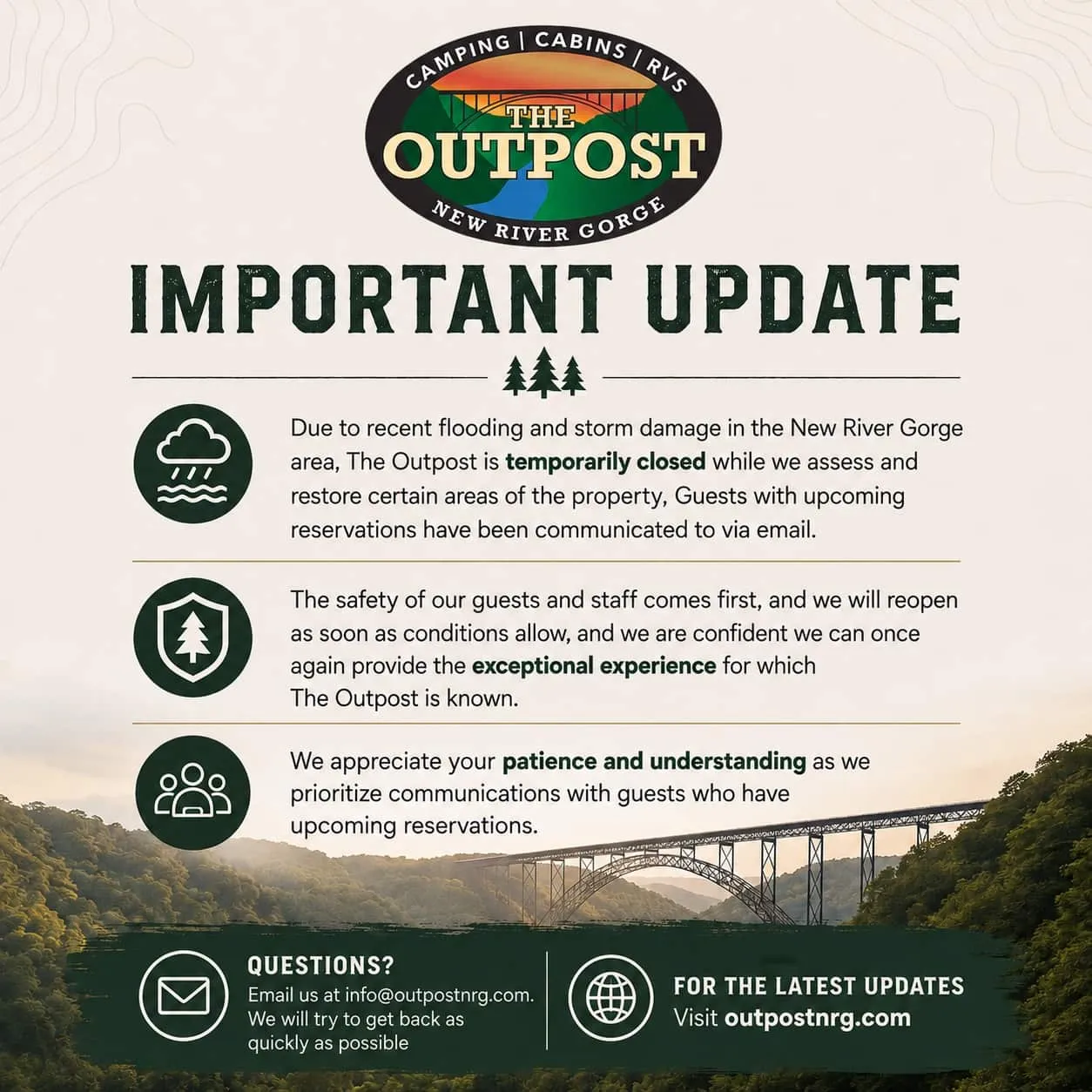 Important Closure Update: All Reservations Canceled Through August 28