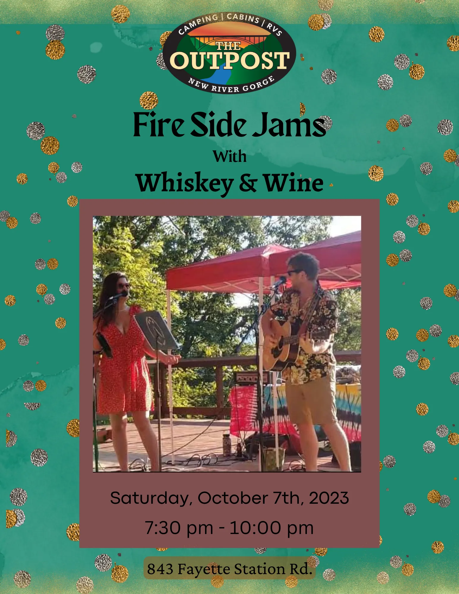 Event poster for Fireside Jam - Whiskey & Wine