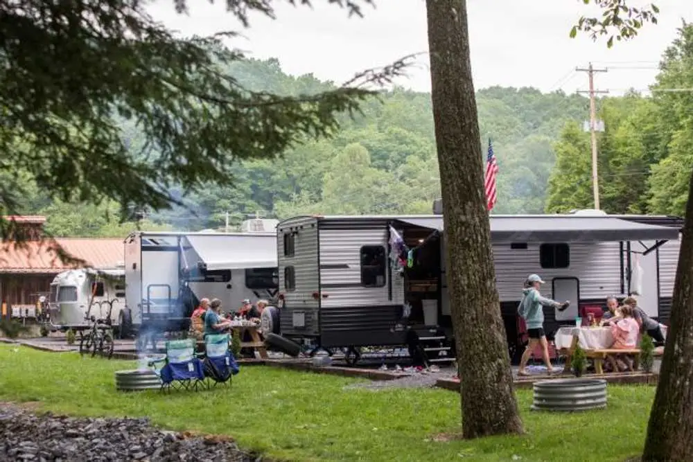 Families at full hookup RV sites with awnings and picnic tables – Full Hookup RV Site at The Outpost NRG