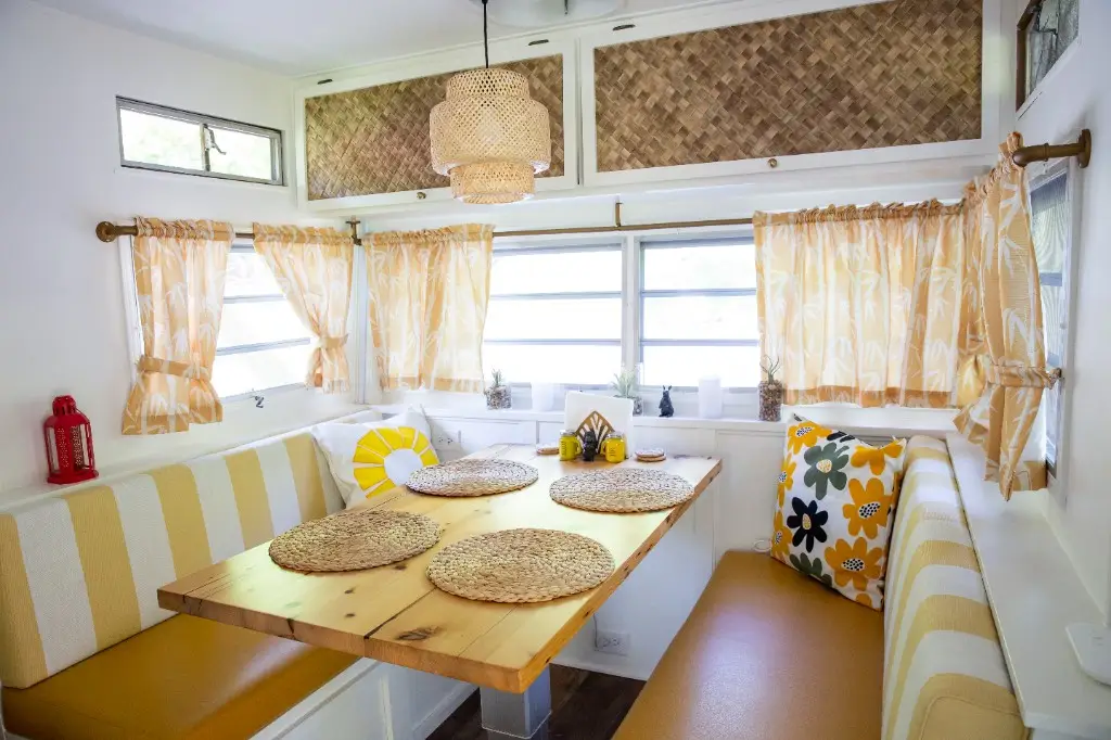 Mellow Yellow kitchen counter with Donovan Mellow Yellow artwork – Mellow Yellow Vintage Camper at The Outpost NRG