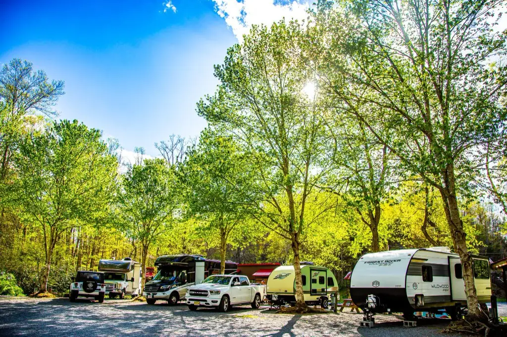 Row of RVs and travel trailers parked at the partial hookup sites – Partial Hookup RV Site at The Outpost NRG