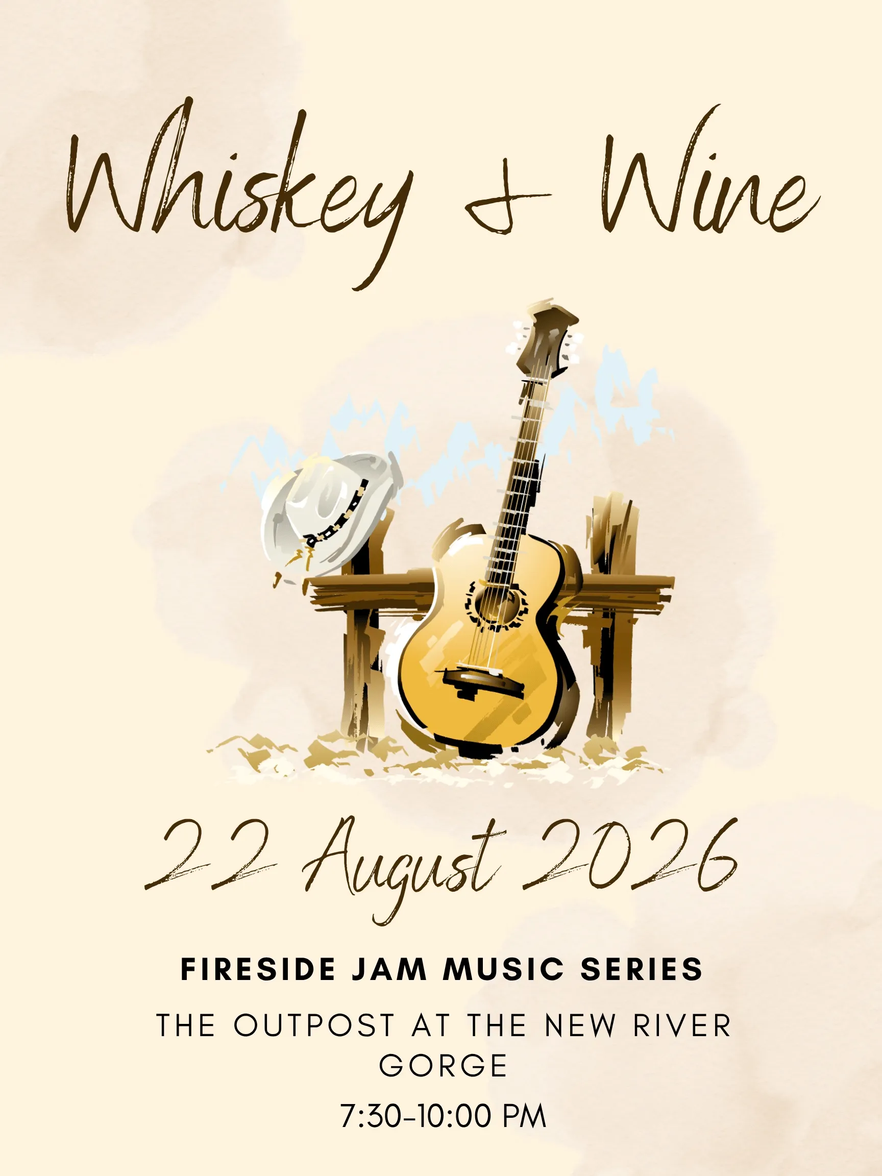 Event poster for Whiskey & Wine – FIRESIDE JAM