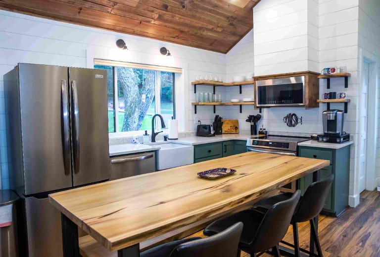 Halley’s Comet Kitchen with Live-Edge Island – A Phish Themed Creekside Cabin